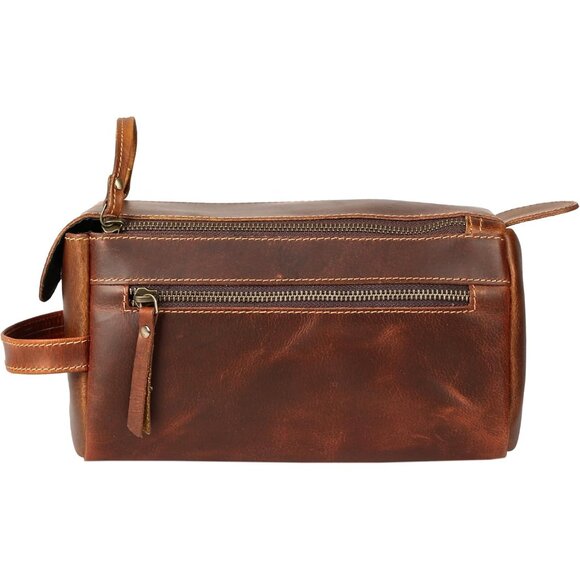 Unisex Orange Tan Premium Buffalo Leather Toiletry Bag Travel Shaving kit - Picture 2 of 10